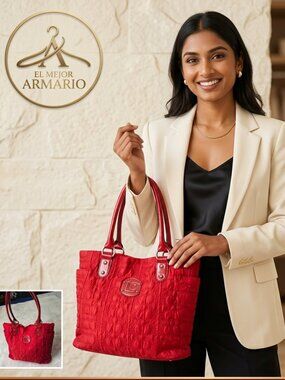 Liz Claiborne Red Quilted Shoulder Bag Tote | LC Monogram Luxury Purse